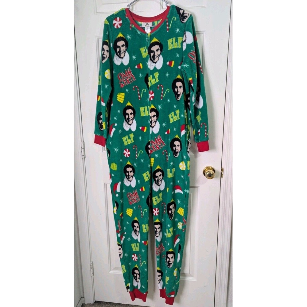 Buddy the ELF One Piece Fleece Pajamas Adult Large Green Rear Flap Christmas